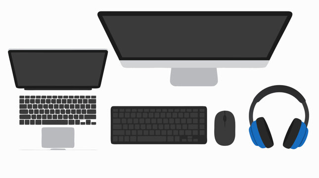 Flat lay arrangement of modern office equipment on white background, minimalist vector illustration of laptop, monitor, keyboard, mouse and headphones, clean tech workspace setup