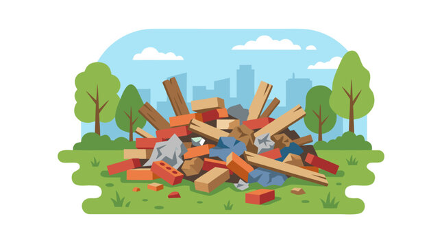 Pile of broken red bricks wooden planks and crumpled construction debris dumped on green grass in city park flat color vector illustration with trees and urban skyline background scenery
