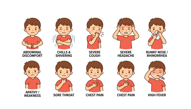 Medical symptoms chart illustration of a sick child boy with fever headache cough chills chest pain runny nose flat vector design