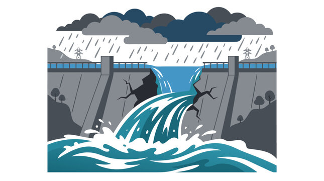 Dam Breaking During Severe Monsoon Rainstorm, Water Overflowing Through Cracked Concrete Wall, Infrastructure Failure Flood Disaster, Flat Color Vector Illustration - detailed commercial stock