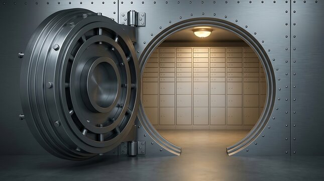 Opened large circular bank vault door revealing interior with rows of safety deposit boxes illuminated by warm light.