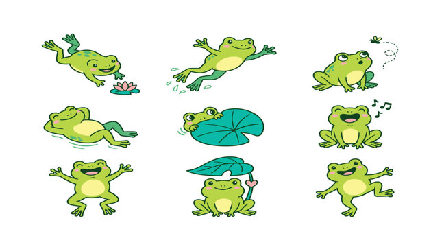 Cute green frog cartoon character vector illustration set showing different poses jumping singing dancing swimming and catching fly