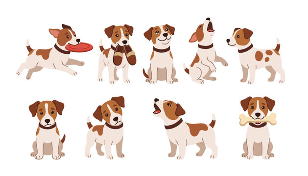 Cute cartoon puppy dog character vector illustration set showing different poses running howling barking and holding a bone