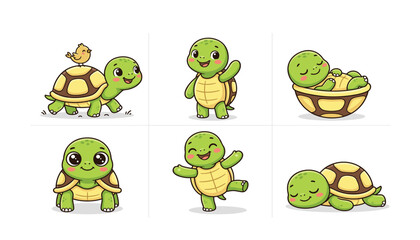 Fototapeta premium Cute cartoon green turtle character vector illustration set showing different actions walking waving dancing sleeping and holding a bird