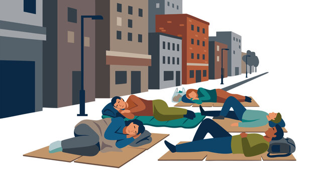 Group of homeless men and women lying on cardboard mats sleeping along urban city sidewalk with tall buildings in background, bold flat vector illustration - detailed commercial stock imagery with