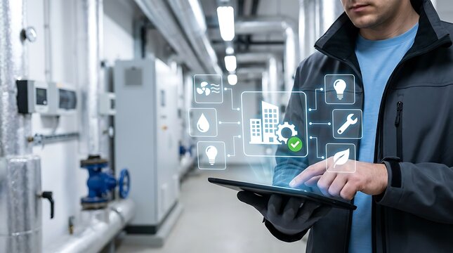 Technician in gray jacket uses tablet computer for smart building automation control in industrial mechanical room with blue valves and complex piping system.