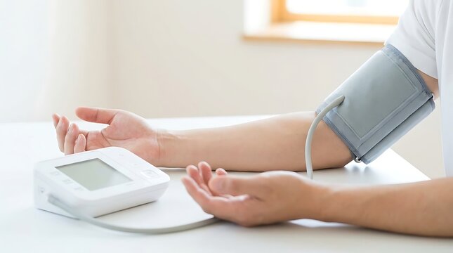 Person's arm with blood pressure cuff and monitor, checking health and vital signs at home or clinic.