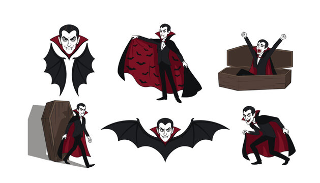 Count Dracula vampire character vector illustration set showing different poses rising from coffin flying bat and opening cape