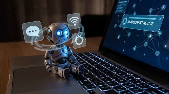 Small robot on laptop keyboard with glowing digital icons, symbolizing AI assistant, communication, and modern connectivity.