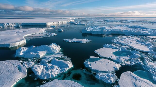 Aerial view of Antarctic icebergs floating in dark blue ocean water