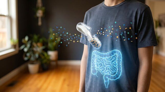 Visualization of probiotic dietary supplement pill releasing beneficial microorganisms into digestive tract represented by glowing neon blue intestine outline on male torso.