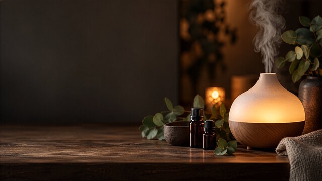 Aromatherapy diffuser with essential oils, cold and flu season wellness and immune support concept