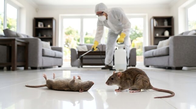 Pest control professional in protective suit spraying insecticide in living room with dead rat and live rat on floor, extermination service.
