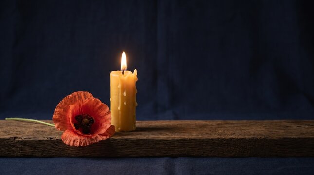 Burning candle and red poppy flower on rustic wooden board against dark blue background