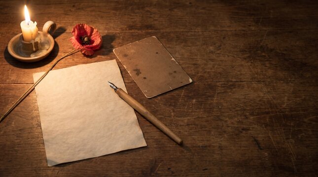 Vintage writing desk with blank parchment, quill pen, candle and poppy flower