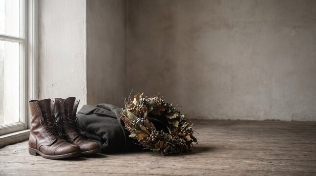 Rustic autumn still life with leather boots, coat and dried foliage wreath on wooden floor