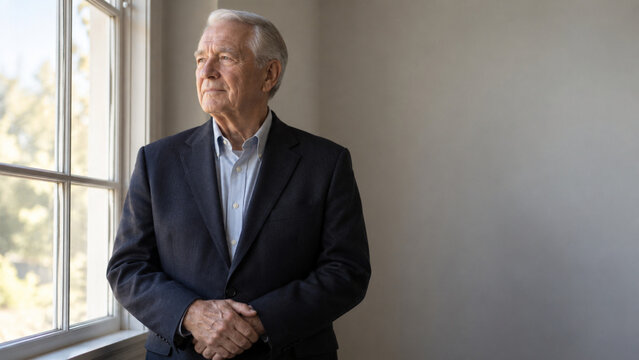 Thoughtful senior businessman looking through a window in a professional office setting