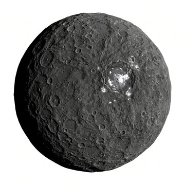 Dwarf planet Ceres with bright spots inside Occator crater, isolated on a white background with detailed surface topography for astronomy and science educational publishing
