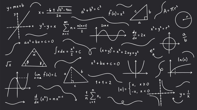 Seamless pattern of handwritten mathematical formulas equations graphs and gentle curved connecting lines in white chalk on dark blackboard school education mathematics background vector illustration