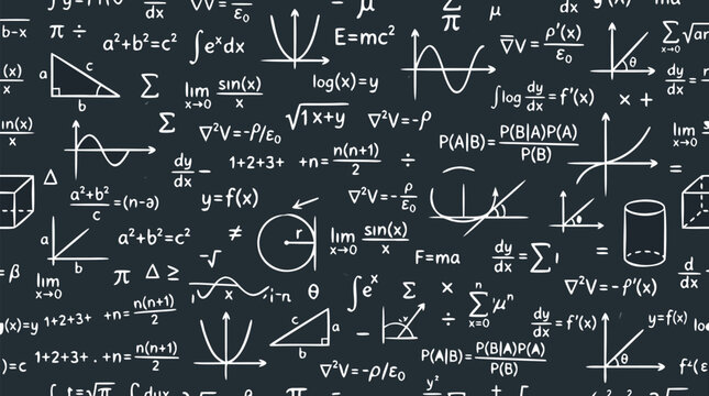 Seamless repeating tile pattern of scattered white chalk mathematical equations formulas graphs geometric diagrams and integral signs on dark chalkboard background education science vector