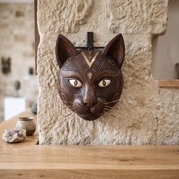 ornate, hand-carved wooden cat mask featuring intricate tribal-style etched patterns, and metallic gold accents, displayed on stone wall over shelf