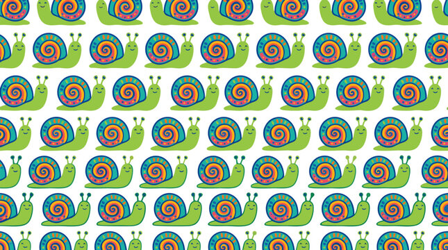Seamless repeating pattern of cute green cartoon snails with vibrant colorful rainbow spiral shells on white background, whimsical childish wallpaper textile wrapping paper vector illustration