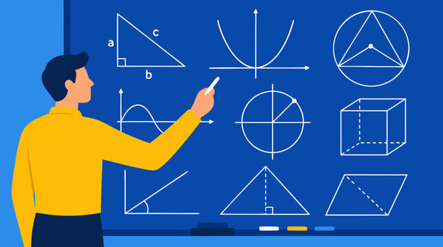 Mathematics teacher pointing at blue chalkboard with geometric formulas Pythagorean theorem parabola graphs unit circle coordinate system cube pyramid parallelogram bold flat vector illustration
