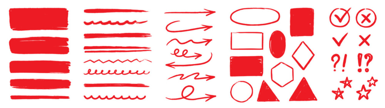 Line arrow pen red hand drawn set. Line arrow pen with hand drawn marker red brush check highlight. Handwritten underline star emphasis memo sticker chalk study. Vector