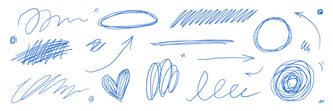 Pen scribble line doodle set. Hand drawn blue pen scribble line doodle texture scratch paper notebook ink. School arrow spiral squiggly graffiti expressive rough background. Vector