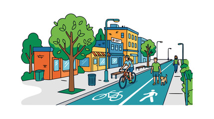 Naklejka premium Car-Free Urban Street with Bicycle Lane and Pedestrian Path, Cyclist and Dog Walker Among Leafy Trees and Colorful Buildings, Sustainable City Transportation Concept Illustration