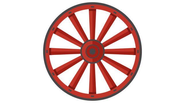 Antique vintage red wooden wagon wheel with detailed wooden spokes and dark metal rim, flat geometric vector illustration, rustic country design element isolated on clean white background