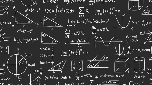 Mathematical calculations and geometric figures drawn in chalk-like white lines across a seamless dark chalkboard background with equations formulas and diagrams - detailed commercial stock imagery