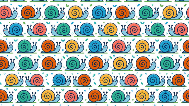 Seamless repeating pattern of cute kawaii cartoon snails with colorful spiral shells in orange blue green and coral on white backdrop whimsical vector illustration for textiles