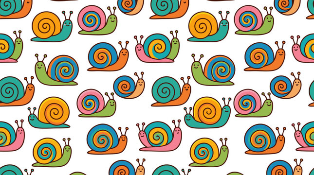 Seamless repeating pattern featuring cute cartoon snails with colorful teal orange and pink spiral shells on white background, whimsical vector illustration perfect for children's designs and playful
