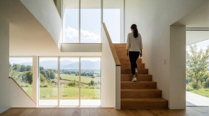 Obraz premium Young woman walks up wooden staircase in bright modern minimalist house. Large glass windows offer scenic landscape view of green hills, countryside. Interior design features luxury architecture,