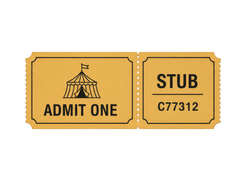 Vintage yellow admit one movie ticket with stub section for cinema theater entry and event access admission
