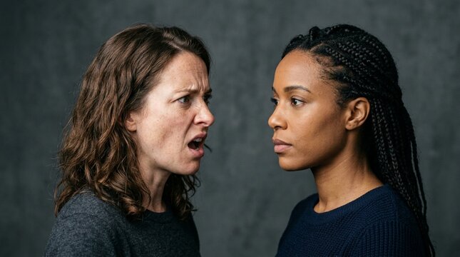 Angry woman confronting another woman, conflict, disagreement, shouting