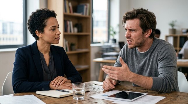 Business colleagues in tense discussion at office desk, man is angry, woman is listening
