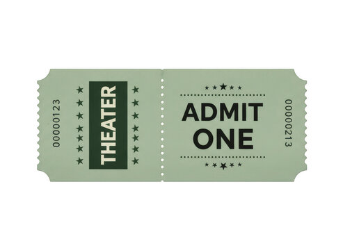 Vintage style theater admit one paper ticket with retro green color for cinema entry and movie event access