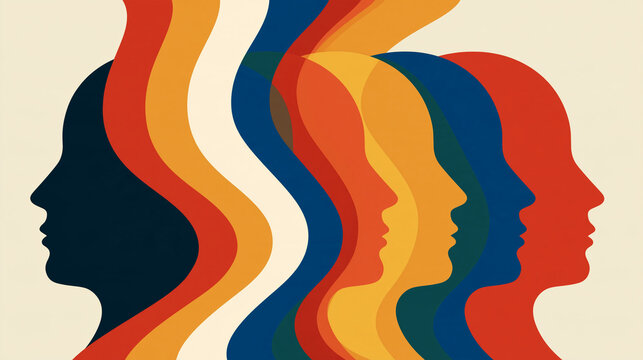 Modern abstract illustration of emotional intelligence using connected colorful faces, flowing shapes, and human silhouettes, empathy, self-awareness, communication, leadership,