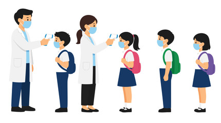 Obraz premium Two Doctors Medical Staff White Coats Checking Temperature School Children With Handheld Infrared Thermometer COVID-19 Health Screening Pandemic Safety Measure Vector Illustration