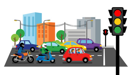 Naklejka premium Flat geometric vector illustration of colorful cars motorcycles and scooters queued waiting at red traffic light on urban city street intersection with buildings and trees