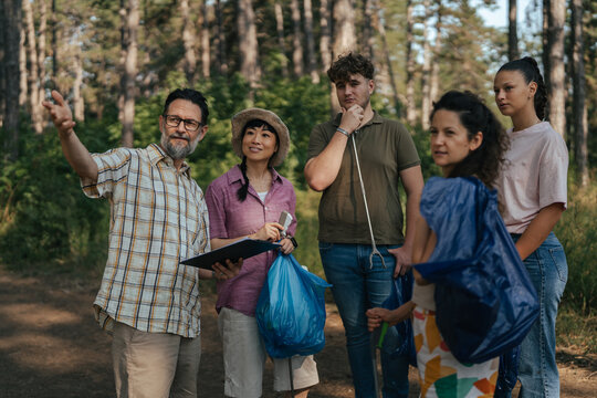 Group of volunteers organizing forest cleanup activity