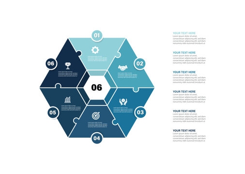 Infographic template. Circle chart template with 6 options, Business presentation for infographics with hexagon jigsaw puzzle Circular diagram elements vector.