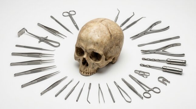 Macabre Collection Of Surgical Tools Arranged Around A Human Skull