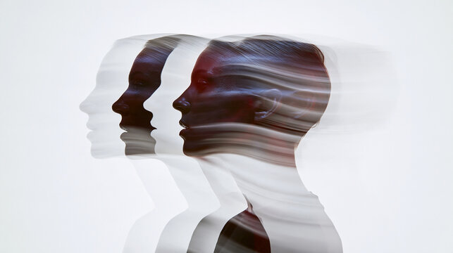 Multiple translucent human faces overlapping with fluid motion blur, shifting moods and changing states of mind, emotional complexity, psychology, abstract photography, mental
