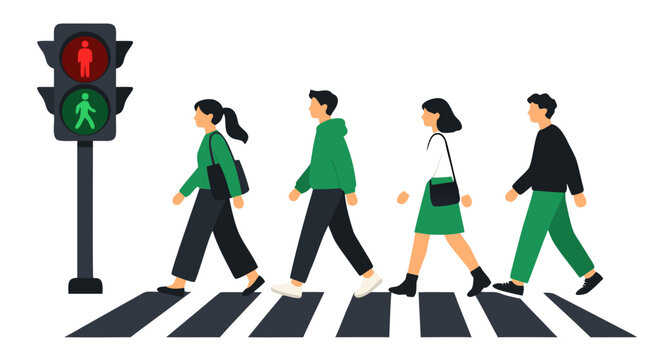 Stylized flat vector illustration of pedestrians crossing zebra crossing at traffic light showing red and green signals, urban street scene with people walking across crosswalk in minimalist design