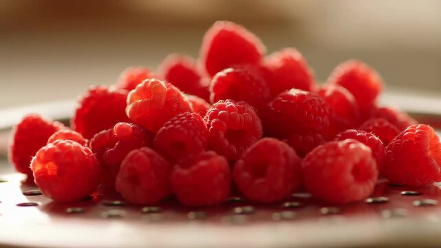 Fresh raspberries rest on perforated metal as a clear stream of water falls beside the fruit, leaving droplets and glossy reflections while focus settles on vivid red texture