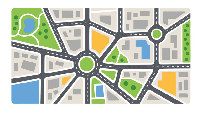 Flat vector city map illustration featuring bold colorful streets intersections roundabouts urban road plan navigation guide minimalist cityscape graphic design element for websites apps and print