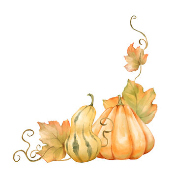 Hand-drawn illustration of an elegant corner frame with pumpkins and leaves